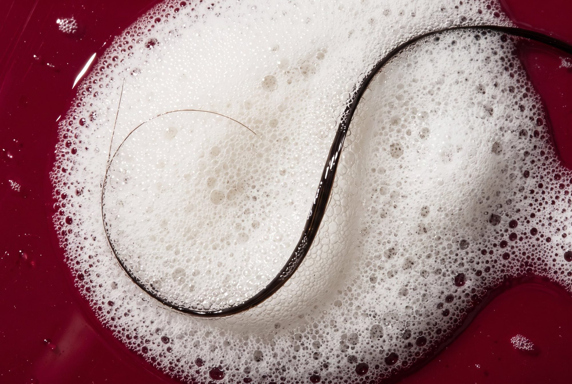 Macro of fine white lather on crimson with a single glossy strand of dark hair running through it